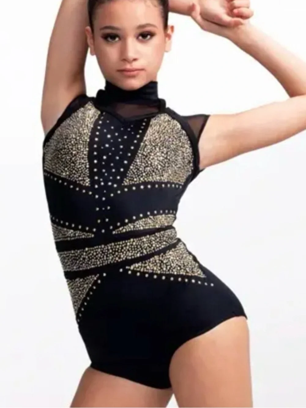 WEISSMAN ELITE BLACK MOCKNECK GOLD STUDDED LEOTARD COSTUME SZ MA EUC $160
